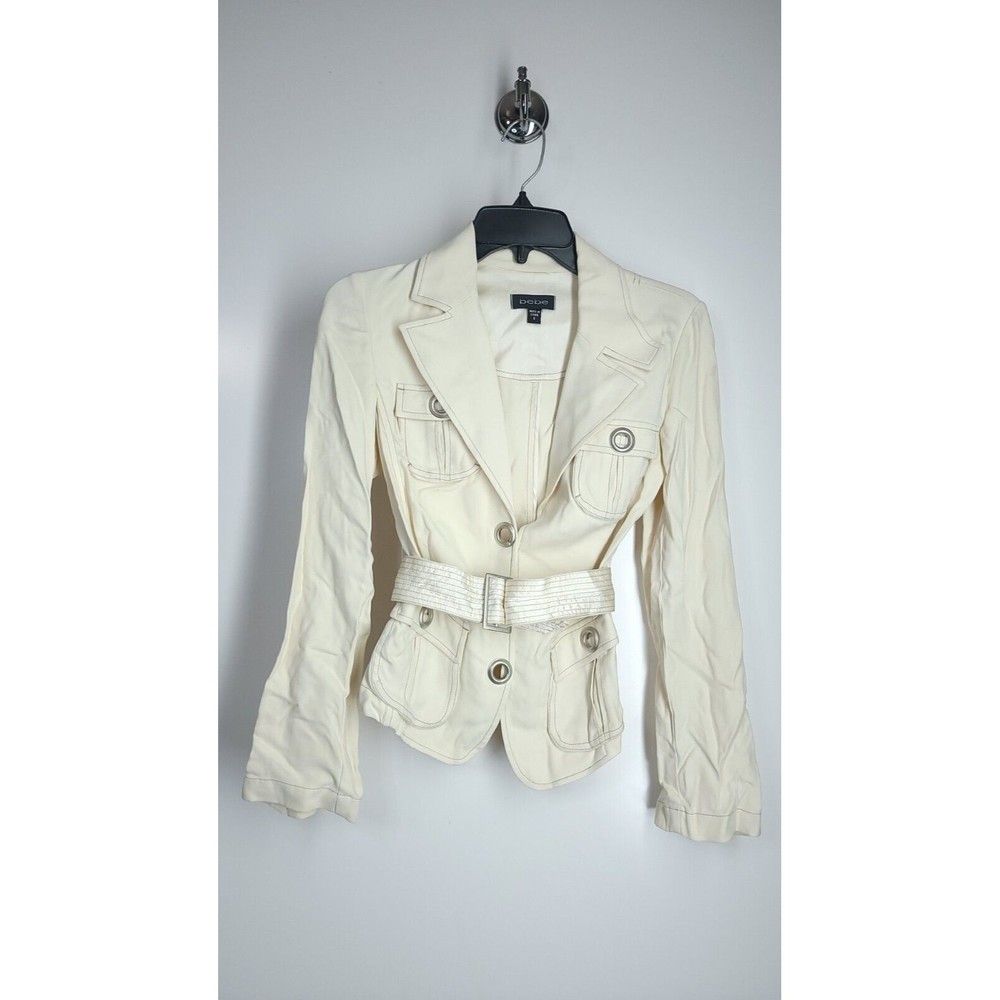 Bebe Ivory White Silk Silver Ring Hook Front Closure Belted Blazer Coat Jacket